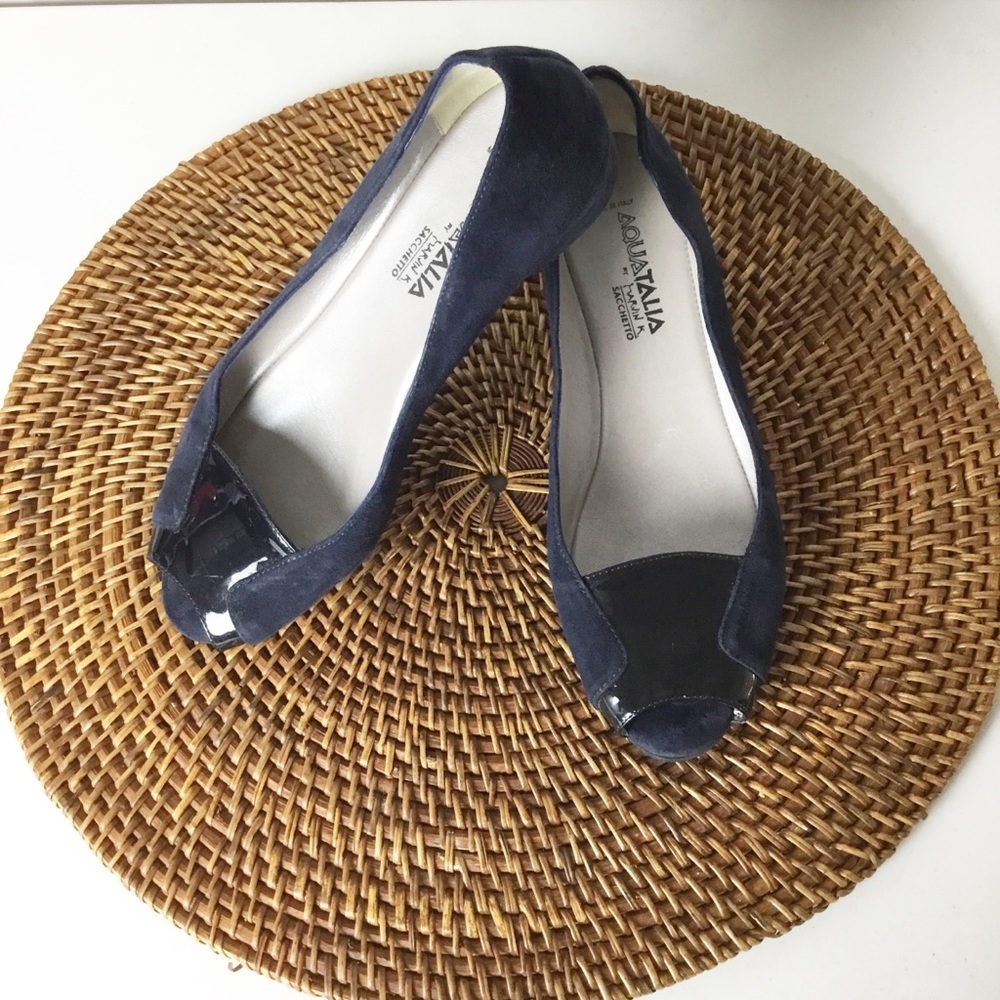 Aquatalia Blue Black Suede Wedge Shoes Size 7